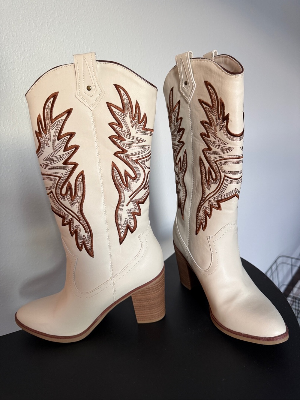 Cream Western Embroidered Mid-Calf Heeled Boots